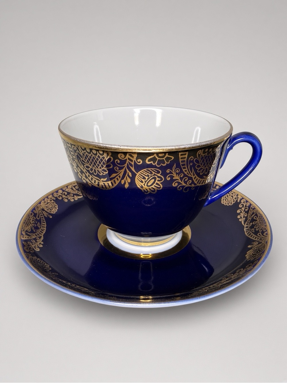 Made in USSR Lomonosov Cobalt Blue Gold Floral Teacup & Saucer